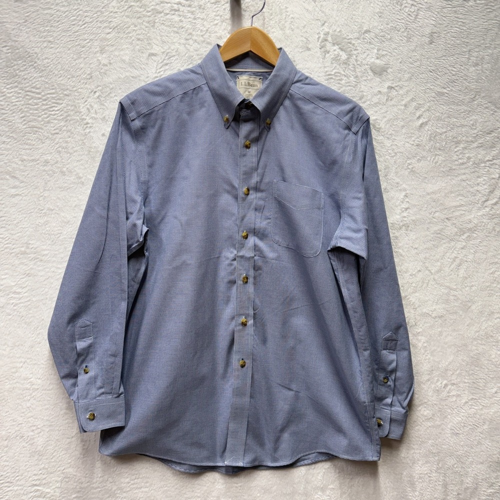 L.L. Bean Button Down Houndstooth Tweed Shirt Mens Medium Blue Cotton Office